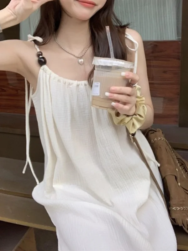 New Chinese Sle Summer 2025 Women's Long Dr Vaion Vibes Strap Design Gentle Tie Waist H-aped Korean Version Loose W...