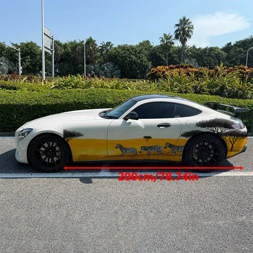 2pcs Orange Background Zebra Silhouette Car Side Wraps, Self-Adhesive PVC Waterproof & Scratch-Resistant Stickers, Car Accessory
