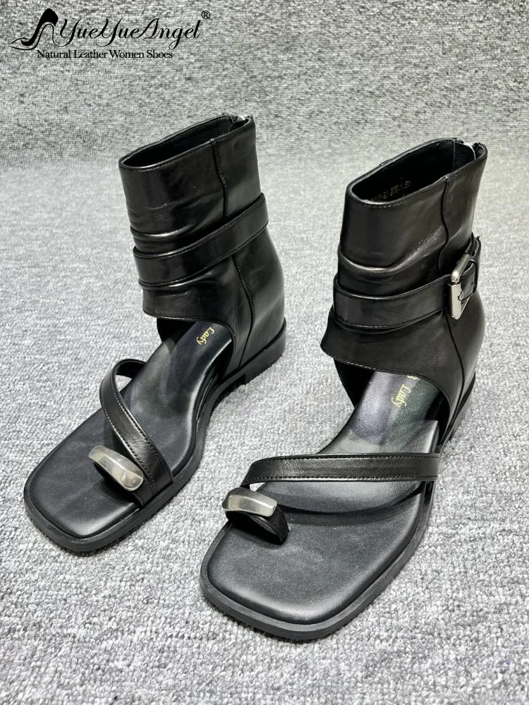 Fashion New Women Genuine Leather High Top Sandals Vintage Metal Buckle Strap Real Leather Gladiator Shoes Comfortable Low Heels