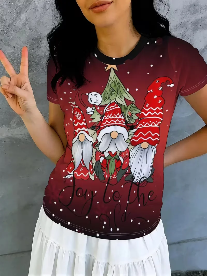 Ladies' Christmas party T-shirt, 3D Christmas element printed casual top,sports and daily wear, machine washable all season