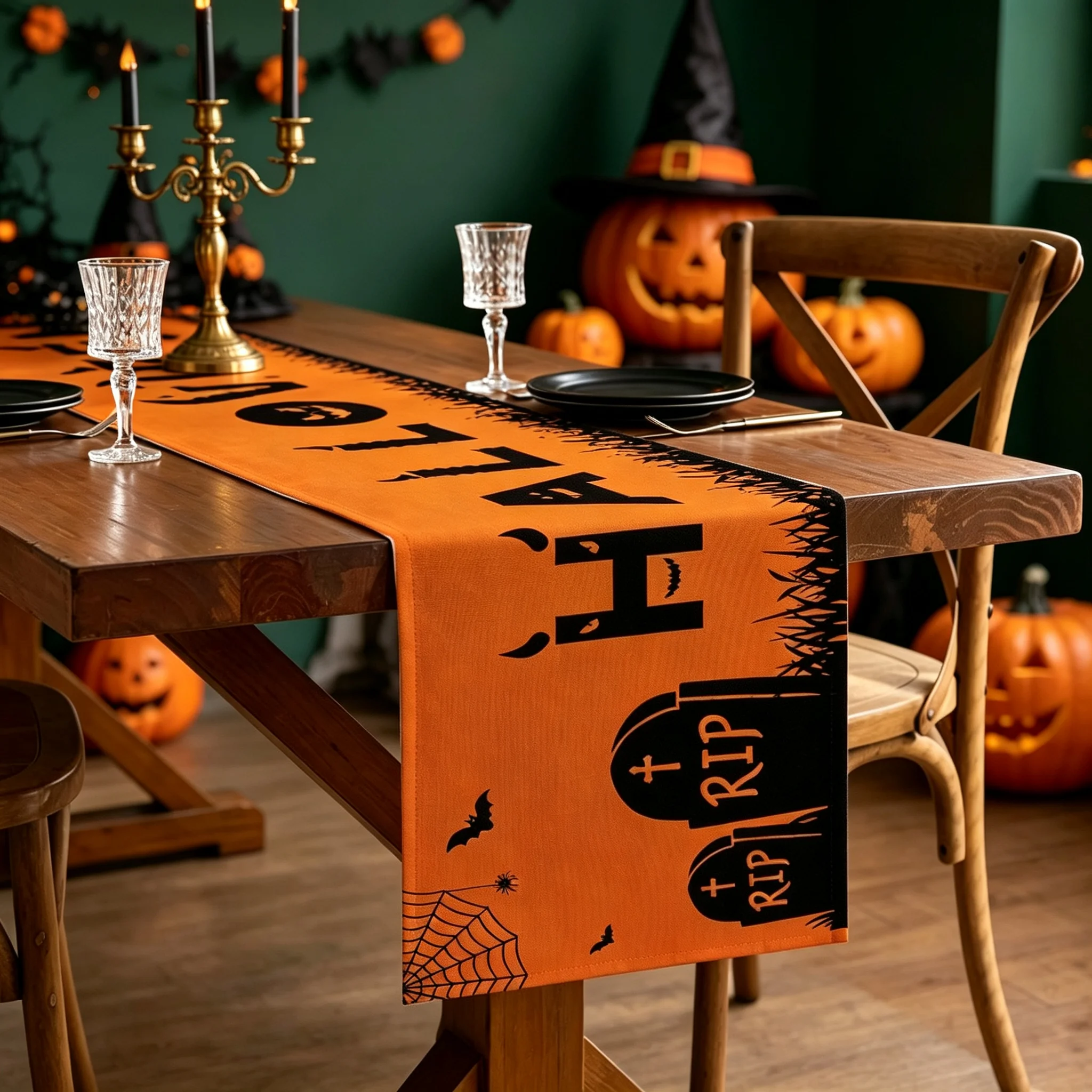 1 Piece Halloween Table Runner | Orange Black Graveyard Halloween Indoor Home Decor | Kitchen Dining Table | Retro Spooky Style