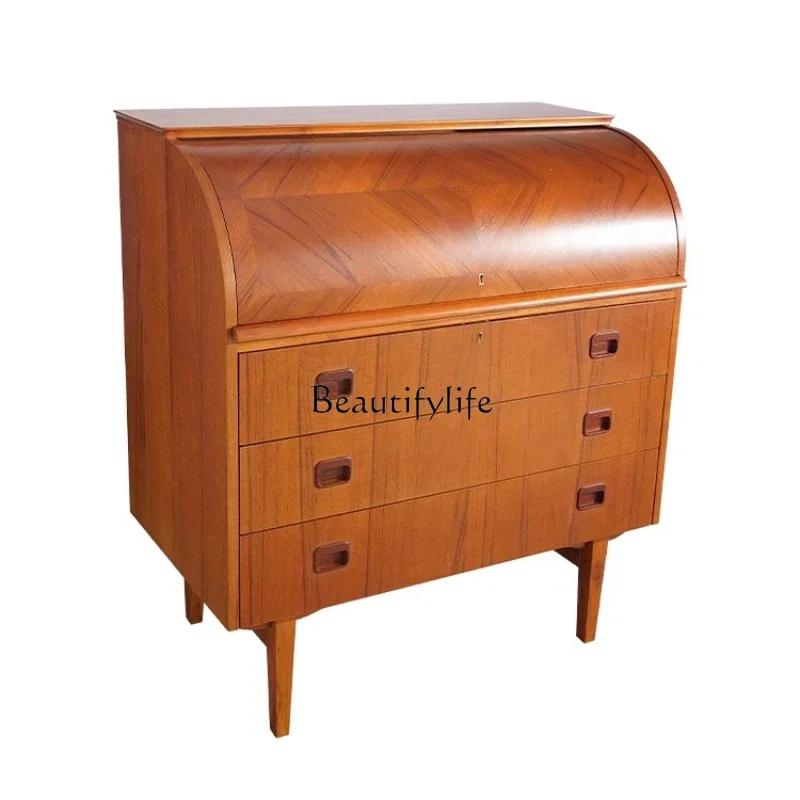 

ls 42Teak Round Head Secretary Cabinet Flip Dresser Vintage Medieval Bedroom Makeup Storage Side Cabinet