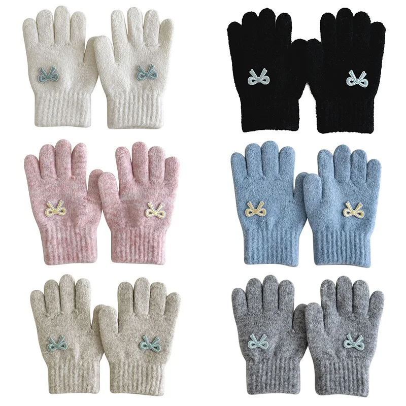 

Cute Bow Baby Gloves Autumn Winter Five-Finger Knitting Gloves for Boys Girls Plus Velvet Outdoor Warm Accessories 3-7 Years Old