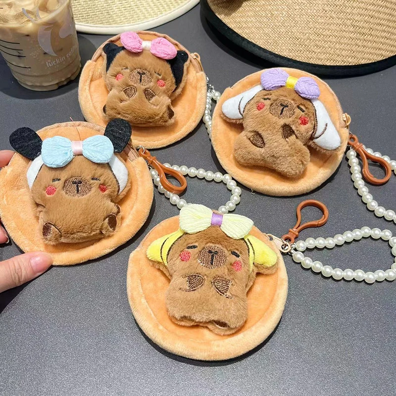 แบบพกพาขนาดเล็กจี้ dompet koin ทรงกลมผ้ากำมะหยี่ลายการ์ตูน capybara กระเป๋าเก็บหูฟัง