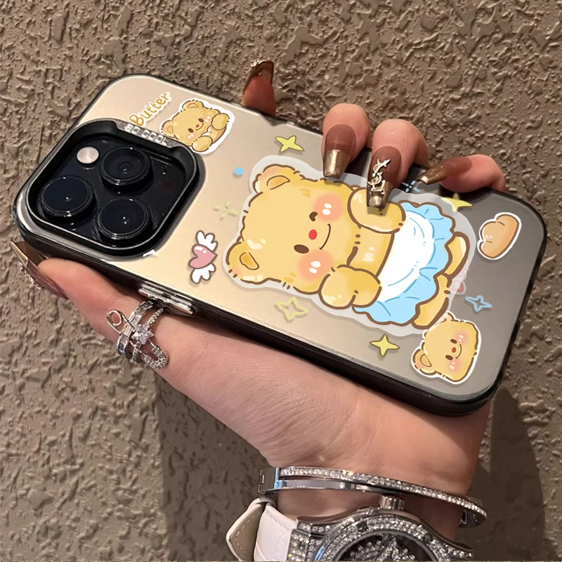 Cartoon Cute Butter Bear IMD Plating Case For iPhone 16 ProMax 15 14 13 12 11 Pro Max XS X XR 16 Plus Hard Matte PC Bumper Cover