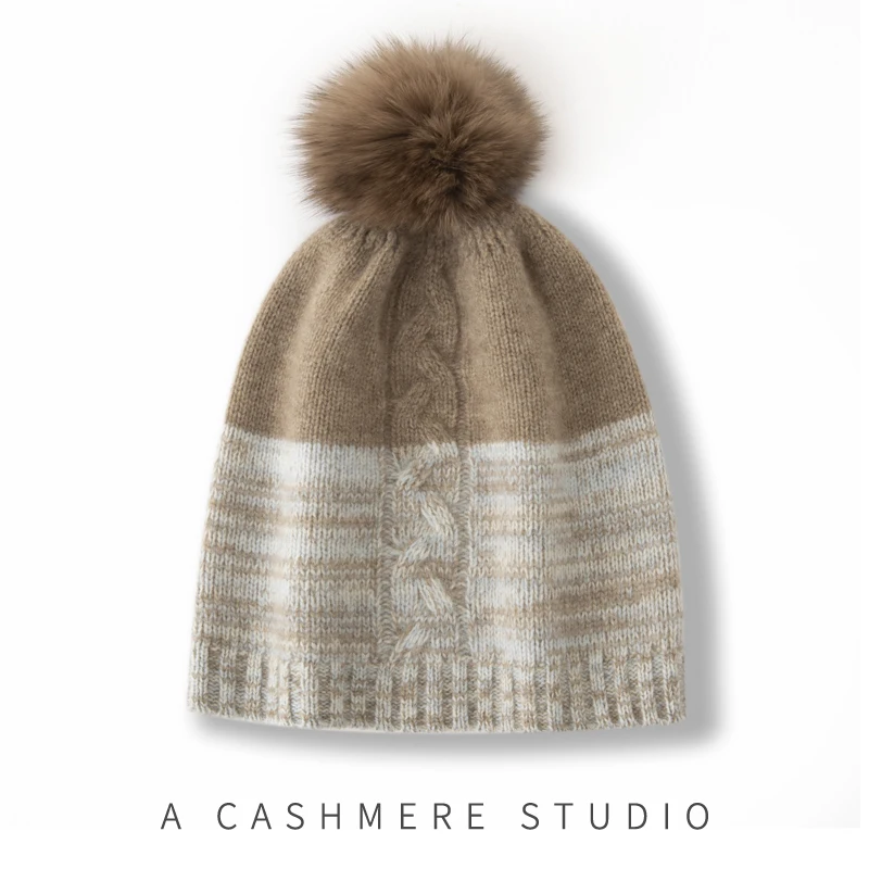 

Winter Warm 100% Cashmere Hat Women's Knitted Wool Ball Hat Warm Ear Protection Hat Fashion Color blocked Thick Bucket Hat
