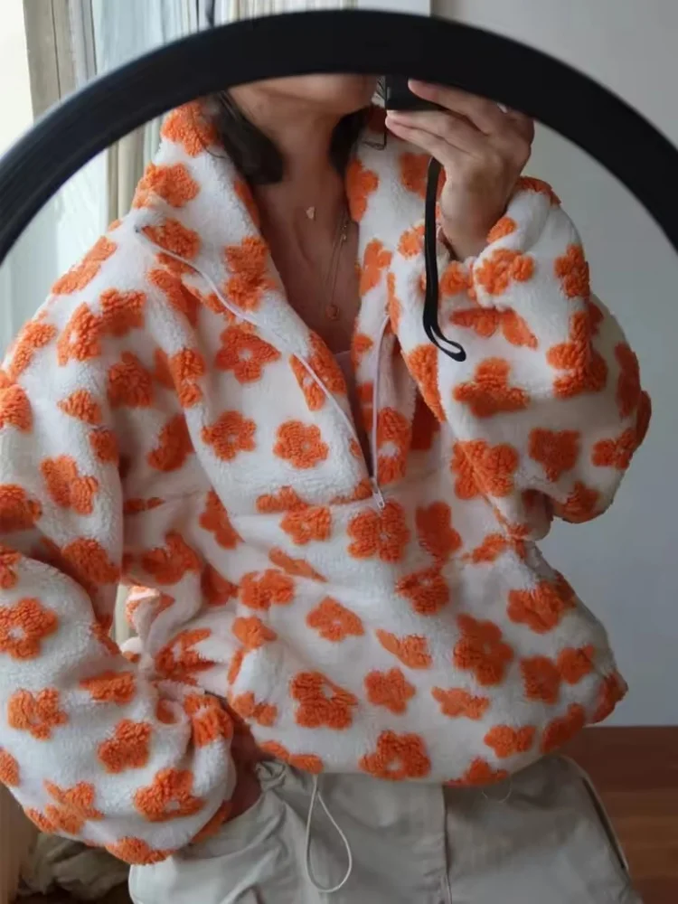 Nowa Jesienno-Zimowa Damska Bluza z Kapturem Sherpa w Kwiaty, Casualowa, Zapinana na Pół Zamek, Luźna, Ciepła, z Podszewką z Polaru