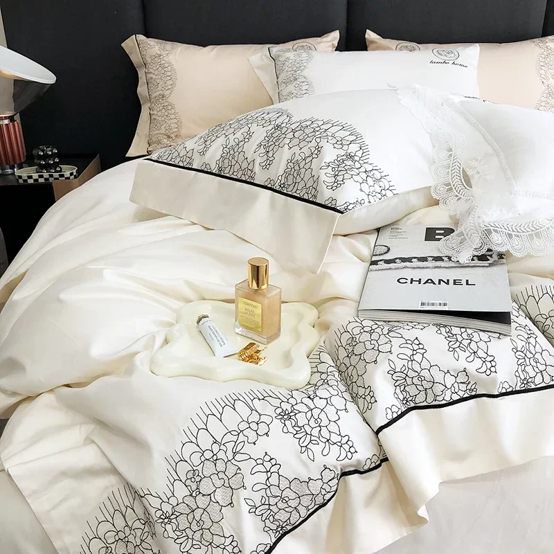 Chic Black Lace Embroidery Bedding Set Solid Color 100S Egyptian Cotton Soft Duvet Cover Set Bed Sheet Pillowcases Home Textile