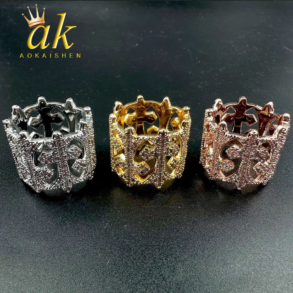 Aokaishen Iced Out Cross Ring for Men Micro Pave Real Copper Gold Plated Hip Hop Fashion Jewelry