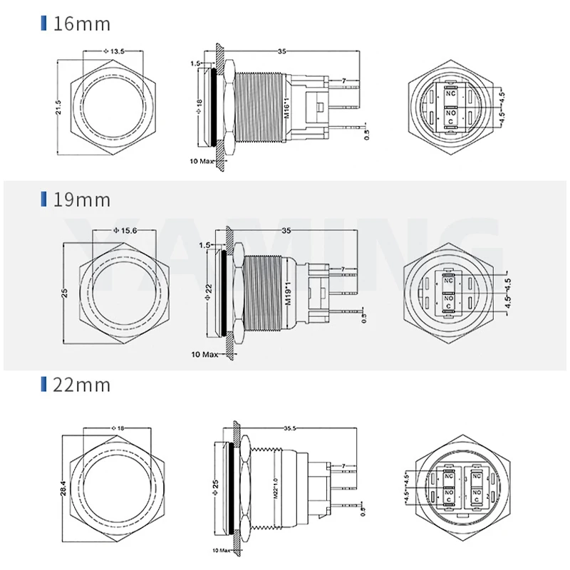 16/19/22mm Two/Three Color Flat Round LED Light Metal Push Button Switch Customize Waterproof IP65 Power Supply Self-Lock Reset