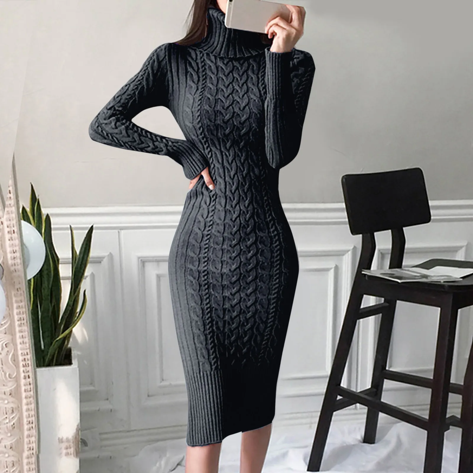 

Women's Sweater Dress Long Sleeve Turtleneck Knitted Bodycon Midi Jumper Dresses Autumn Winter Outwear Pullover Plush Sweaters