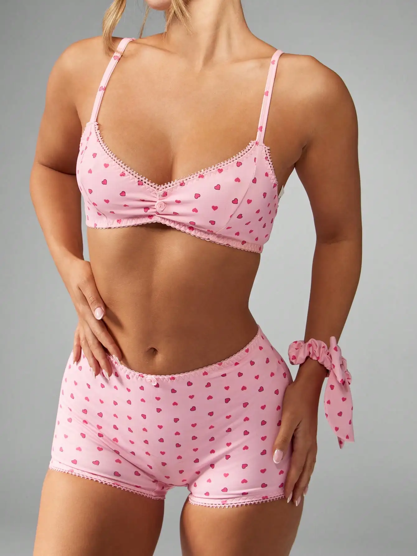 

Pink Heart Print Lace Trim Bralette & Boyshort Pajama Set