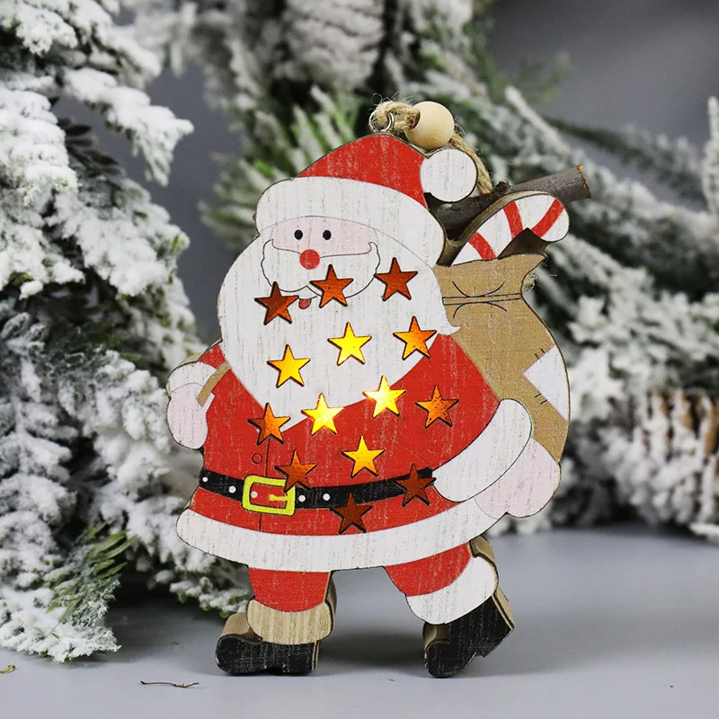 New Cartoon Decoration Wooden Glowing Santa Deer Ornament Chain Fun Cute Festival Christmas Tree Pendant Creative Christmas Gift