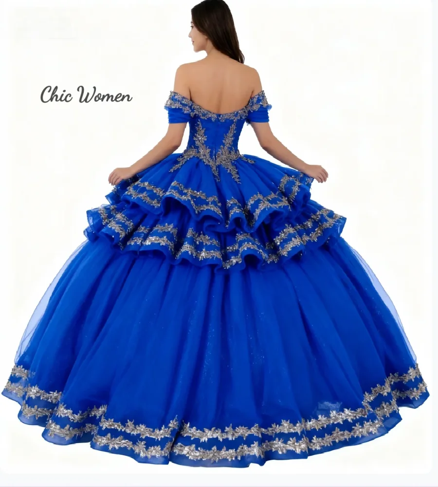 فساتين Quinceanera باللون الأزرق الملكي للأميرة 2026 بدون أكتاف ثوب حفلة متدرج من الدانتيل الأميرة فيستدوس 15 عيد ميلاد Quinceañera #2