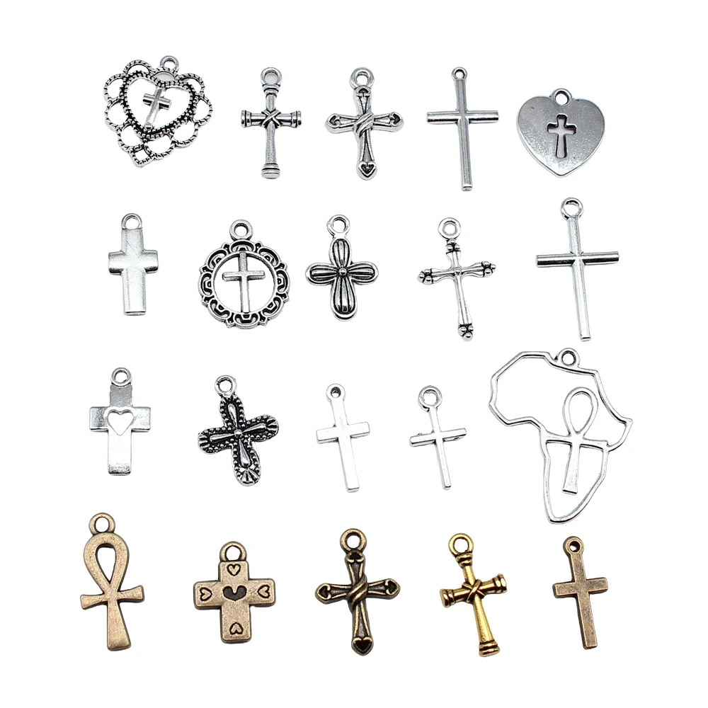 20pcs Cross Charms Handmade Pendant Making Fit Vintage Tibetan Bronze Silver Color DIY For Bracelet Necklace