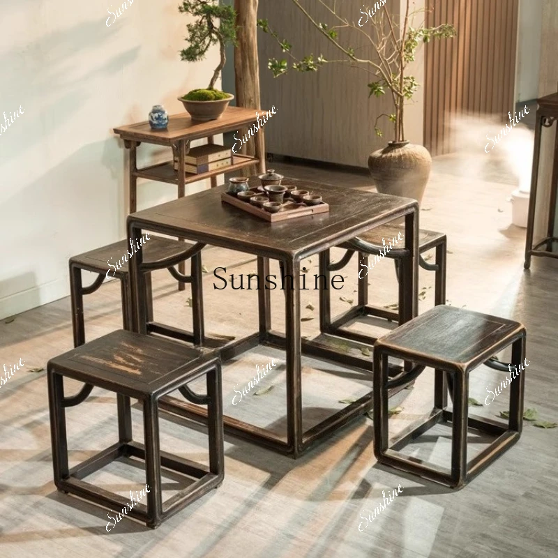 Chinese antique old furniture made old square eight immortals table dining table and chairs  FT