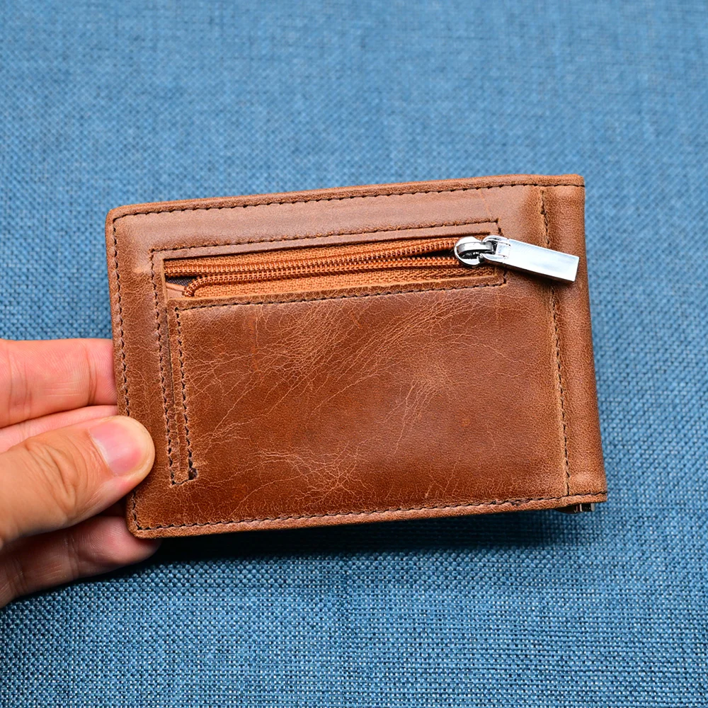 Genuine Leather Mens Wallet Money Clip Slim Bifold Credit Card Holder with Zipper Coin Pocket Vintage Male Cash Clamp Purse