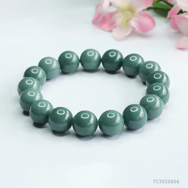 

Natural Burmese Jade Old Blue Water Round Bead Bracelet, A-Grade Kongzhu Craft with Cultural Motifs