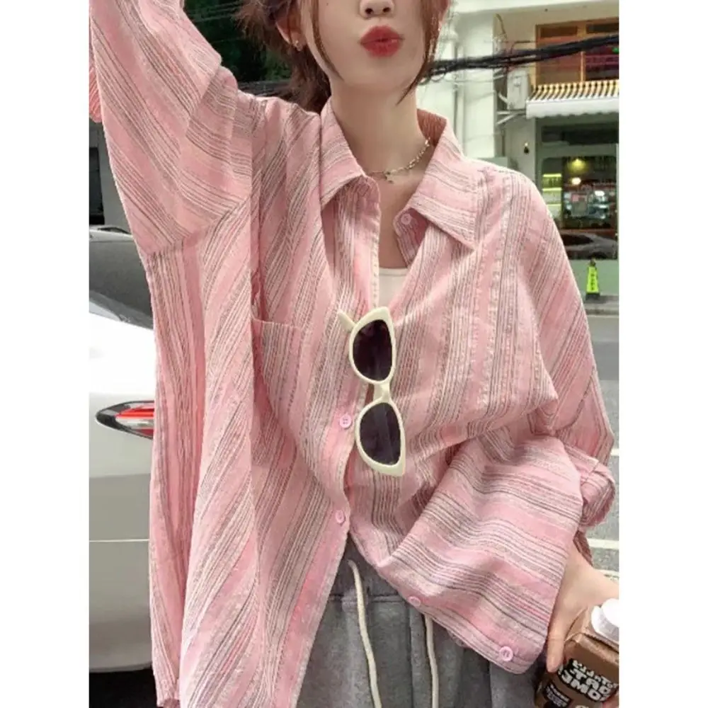 Sun Protection Pink Striped Blouse Classic Oversize Turn-down Collar Women Shirt Long Sleeve Figure Flattering Blusas Tops