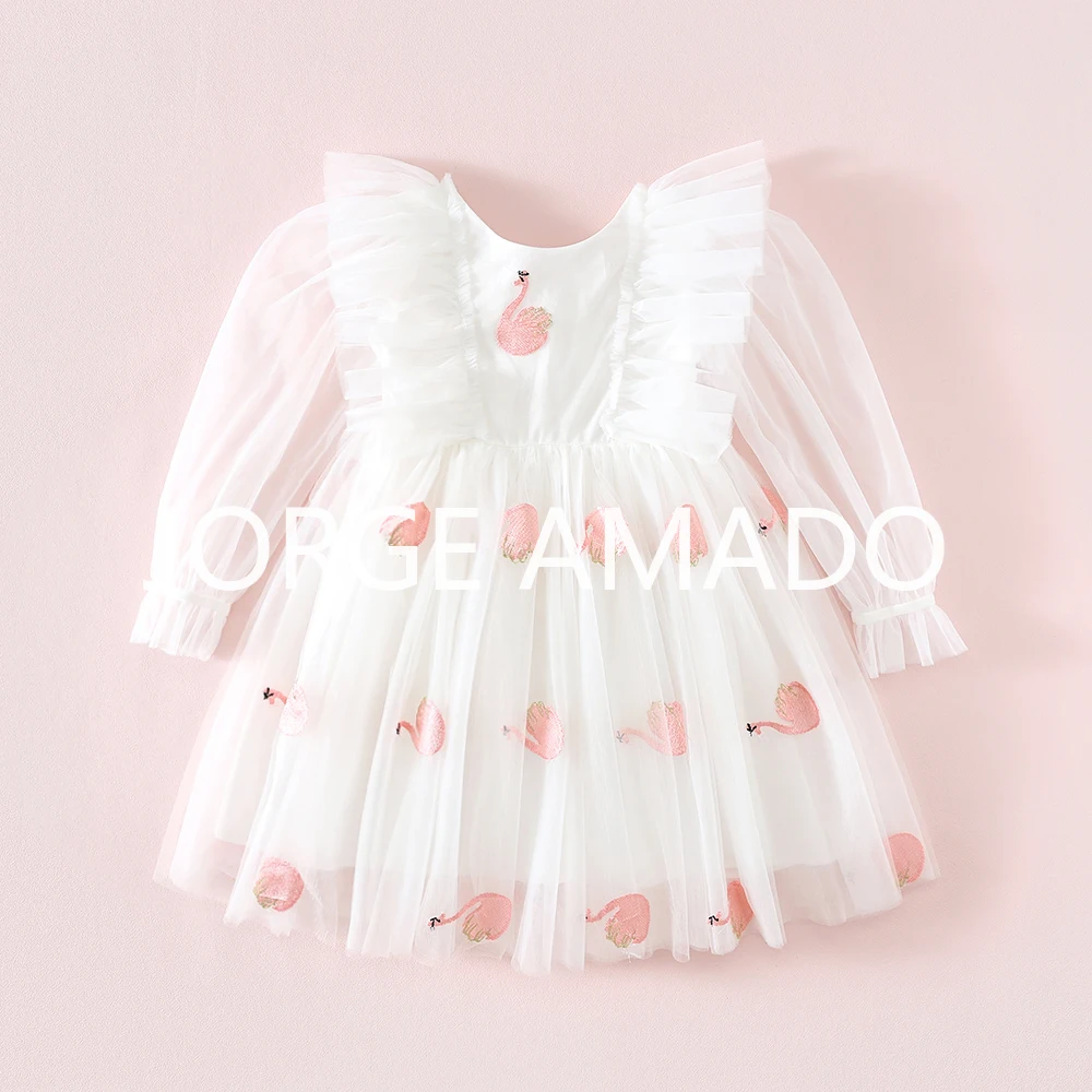 Kids Girl Summer Party Dress Tulle Flutter Long Sleeve Bow Layered Ruffle Fluffy Prom Evening Gown for Birthday Wedding A7222