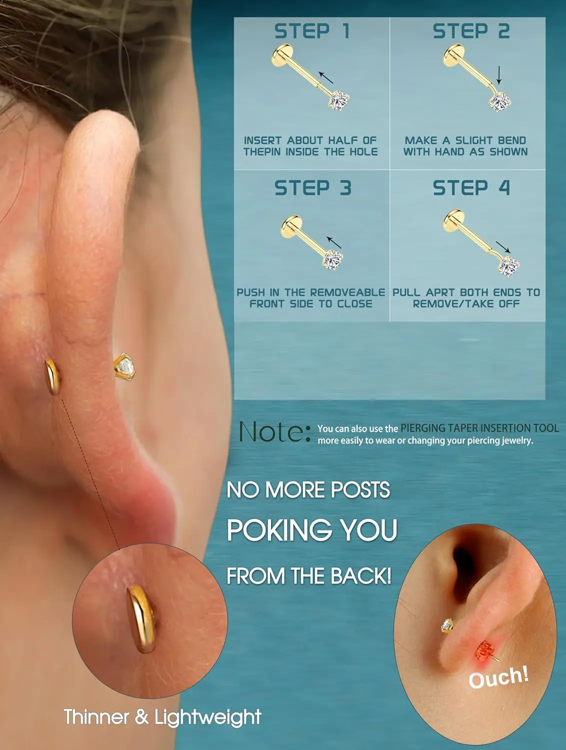 11 قطعة 14K الذهب معبأ شقة الظهر الأنف ترصيع للنساء الرجال تشيكوسلوفاكيا الأنف خواتم الأطواق اللولب مسمار الشفاه الحاجز الدائري هيئة ثقب المجوهرات #6