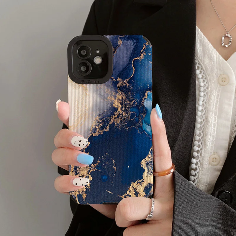 Blue Gold Abstract Marble Phone Case for Iphone 14 Pro MAX Iphone 13 Pro Max Iphone 12 Pro Max 11 XS XR 7 8 Plus X Cases Cover