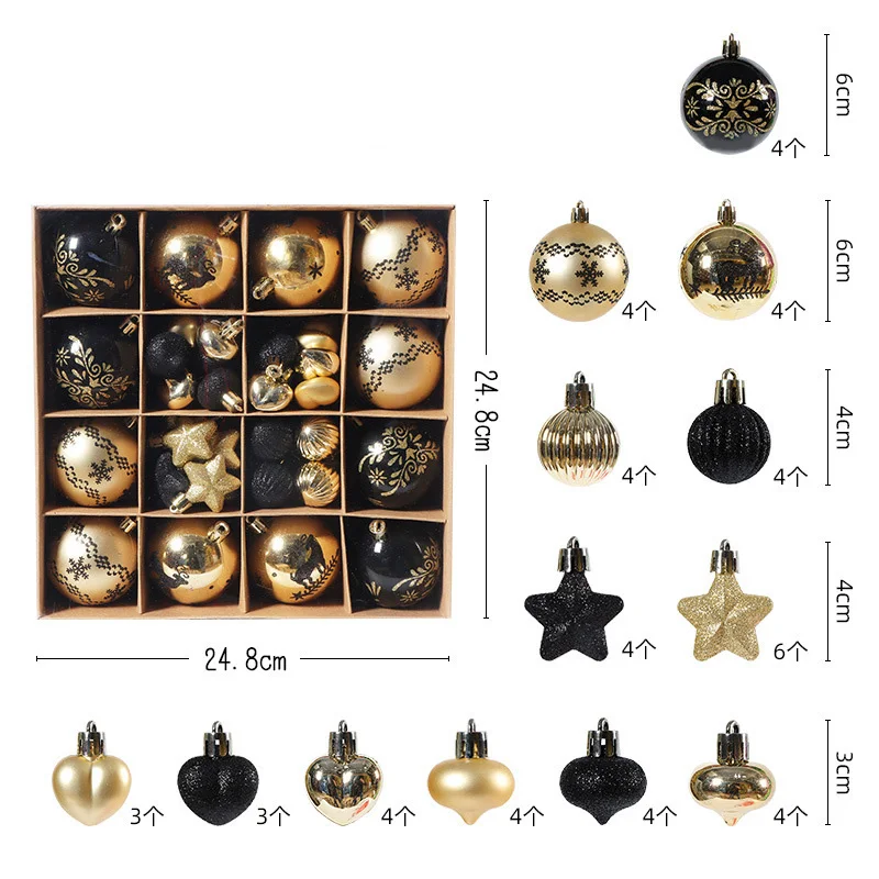 52pcs Christmas Ball Ornaments Xmas Tree Hanging Baubles Black Gold White 3 4 6cm Balls For Navidad Noel Natal 2025 Decorations