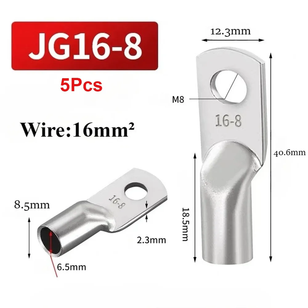 5Pcs JG Series Tinned Copper Cable Lug 6/10/16/25mm2 14-2AWG Ring Crimp Terminal M6/M8/M10/M12 Tinned Copper Power Cable Lug