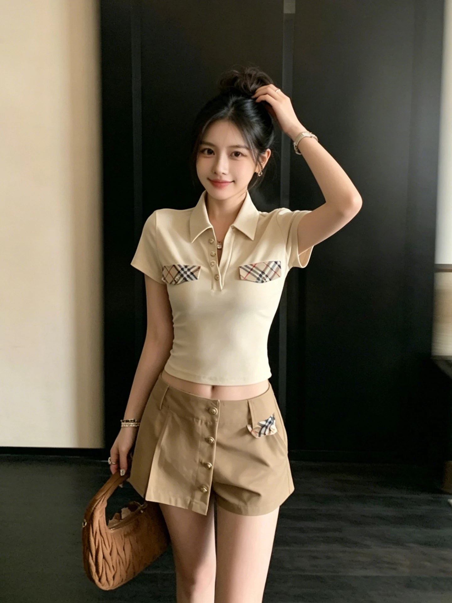 

Retro College Style Khaki Plaid Slim Fit Neck T-Shirt And High Waist Skirt Short Summer Outfit Women's Fashion Set