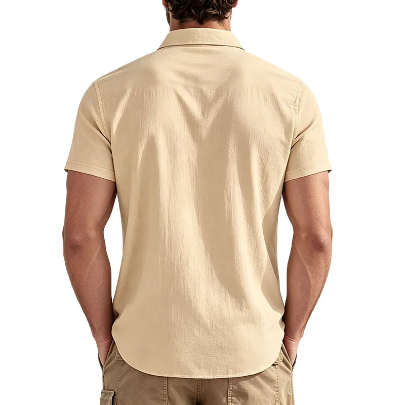 Camisa Masculina de Linho com Manga Curta e Botões, Casual, para Praia, com Bolso no Peito, Respirável, Leve, para o Verão.
