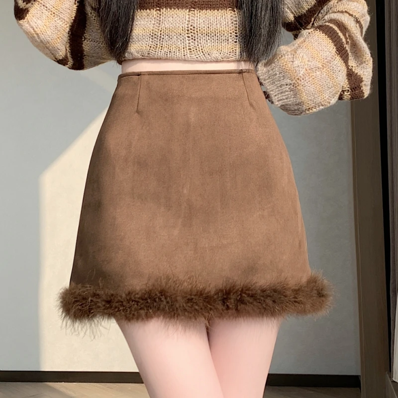 Retro Pittig Meisje Herten Huid Fluwelen Herfst Winter Nieuwe Sle A-lijn Rok Wrap Body f-lengte Rok Hoge Taille ort Rok