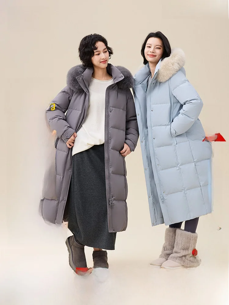 

Женская синяя пуховая куртка Ele Blue High-Down с большим меховым воротником, модель Gentle Snow Flng, новая коллекция Весна 2026, для повседневной носки, простой стиль