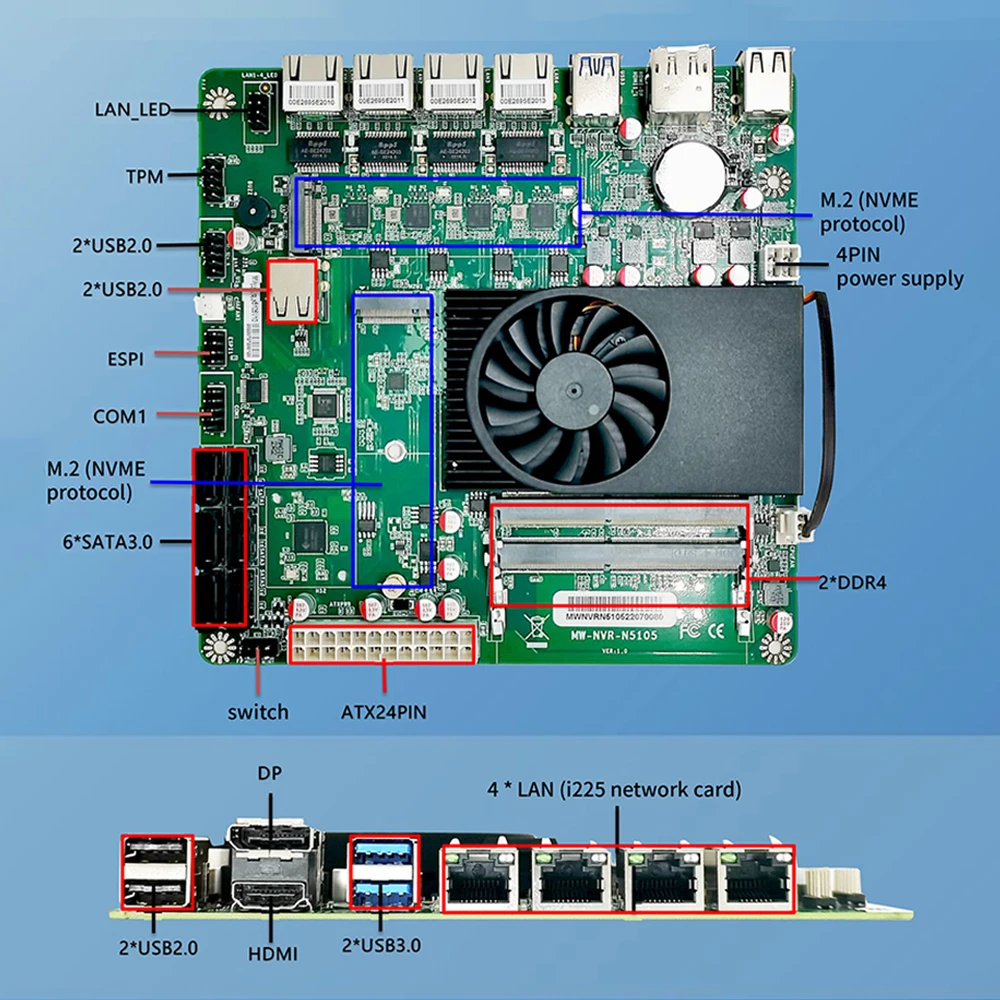 DIY ITX N5105 Motherboard NAS Home 4 Cores 4 Threads Low Power Consumption 4x2.5GbE 2xM.2 6xSATA Slot BK NVR N5105