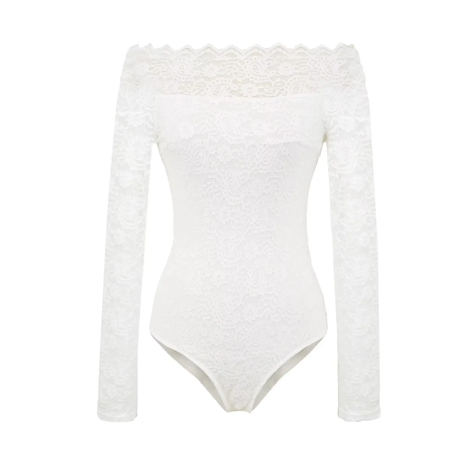 Sexy Off Shoulder Black Lace Bodysuits Women Long Sleeve Elastic Slim Tops Jumpsuits