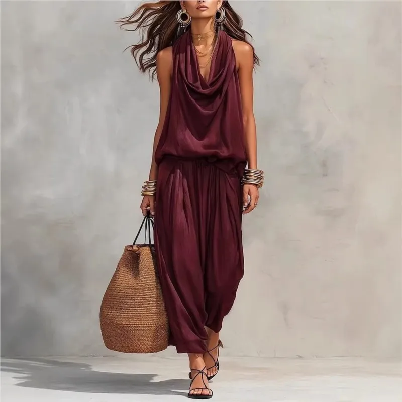 

Women's Summer Casual 2 Piece Set Fashion New Solid Color Sleeveless Grown-on Collar Top Elastic Waist Wide Leg Pants Suit