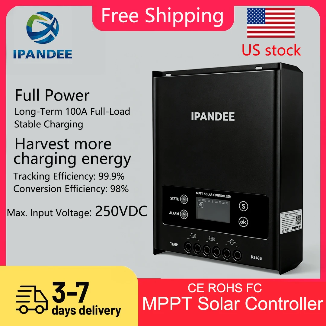 Ipandee 100A MPPT Max Input 250V Solar Charge Controller, 12V/24V/36V/48V Auto Solar Charger, Lithium Battery Activation RS485 APP PC Monitoring for Lead-acid, AGM, Gel, Lithium Ect