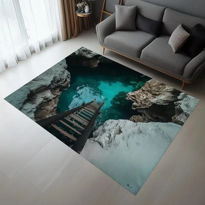 2D Ocean Cave Ladder Optical Illusion Area Rug Non-Slip Washable Bathroom Doormat Carpet Vortex Hole Entrance Entryway Floor Mat