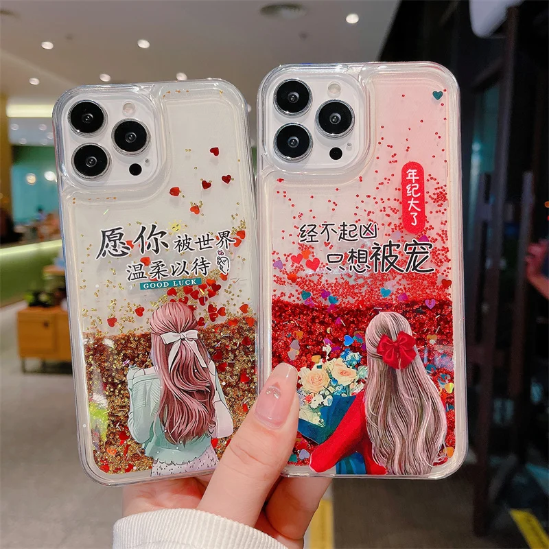 Cute Girl Quicksand Cell Phone Case for iPhone 16 15 14 Pro Max 13 Cover Moving Sand Glitter Sequins Dynamic Liquid Fundas Shell