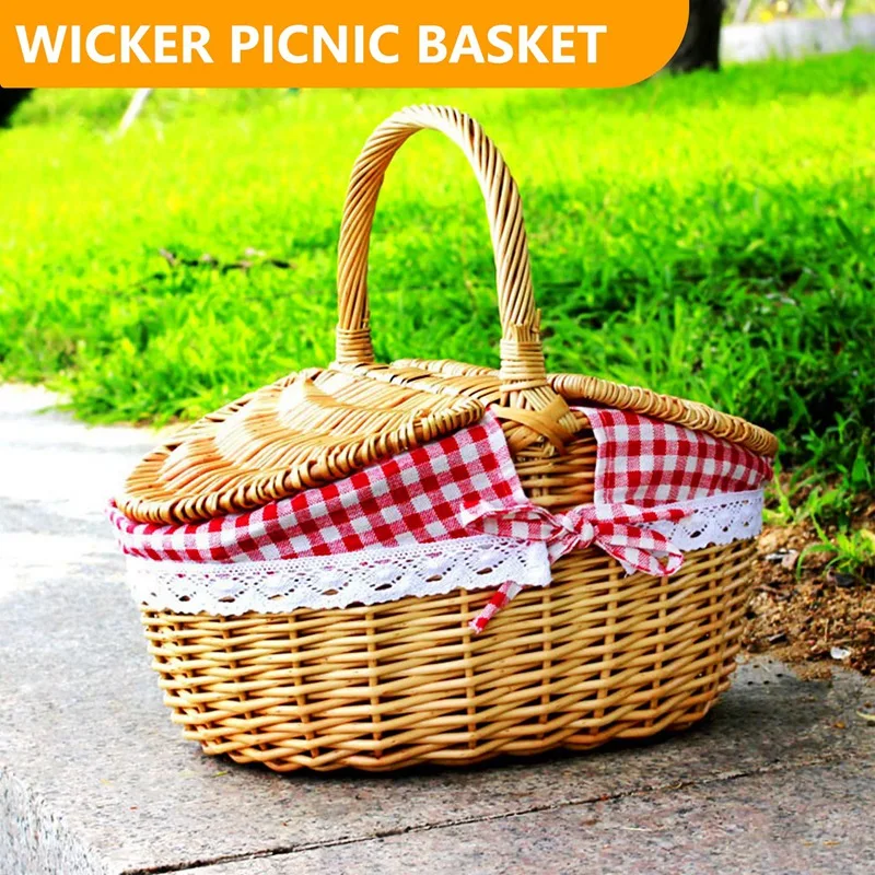 Country Style Wicker Picnic Basket Hamper With Lid And Handle & Liners For Picnics, Parties, Wedding And Bbqs