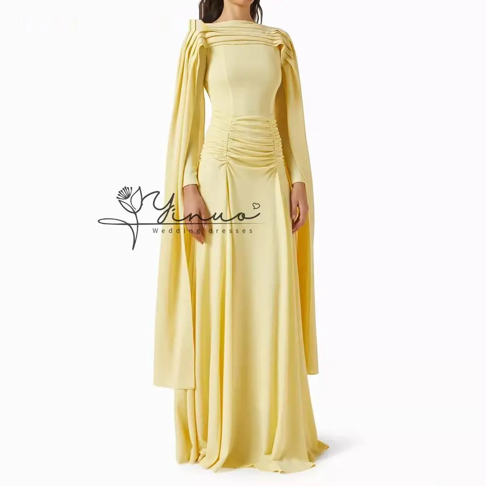 Vestidos de noche personalizados de corte A, largos hasta el suelo, con cuello barco, manga larga, para fiesta de graduación, con pliegues de moda, estola y drapeado simple, personalizados.