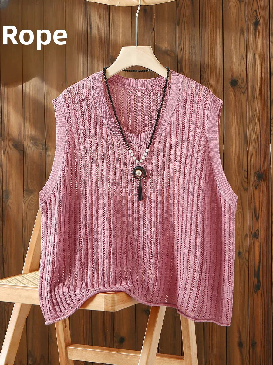 Chaleco de punto calado redondo Ne Bla holgado para mujer, camiseta sin mangas fina ort Sle de verano, chaleco cómodo transpirable para mujer