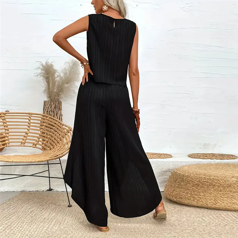 Y.KUKU New Brand Summer Pant Sets For Women 2 Pieces Outfits Elegant Solid Sleeveless Fashion Cross Wide-leg Loose Office Suits