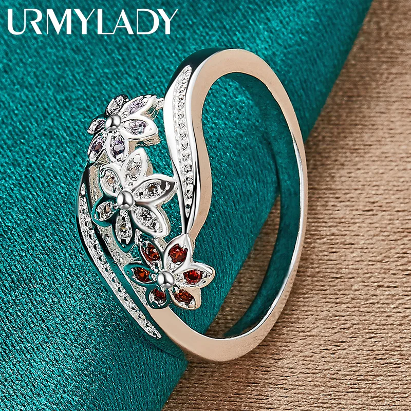 

URMYLADY 925 Sterling Silver Red Zircon Flower Ring For Women Wedding Charm Engagement Fashion Jewelry