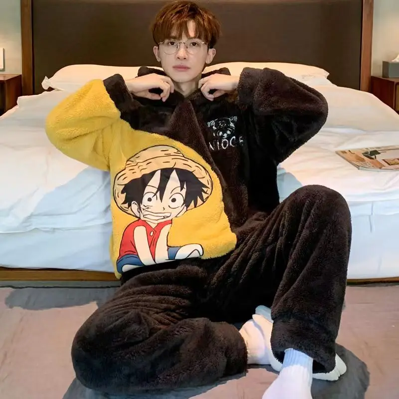 One Piece Luffy Coral Velvet Pajamas Men Winter Thickened Flannel Home Clothes Suit Cartoon Anime Cardigan Sleepwear Set Male