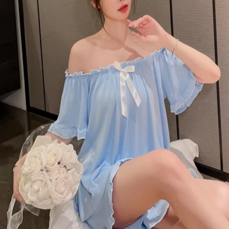 

Милая Пижама, женские шорты с коротким рукавом, из двух предметов, летняя однотонная, в стиле принцессы, с одной линией воротника, без бретелек, для студентов, домашняя пижама