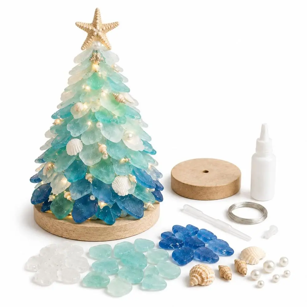 Handmade Sea Glass Weaving DIY Sea Glass Art Kit Multi-Color Tabletop Display Size DIY Christmas Tree Craft Kit