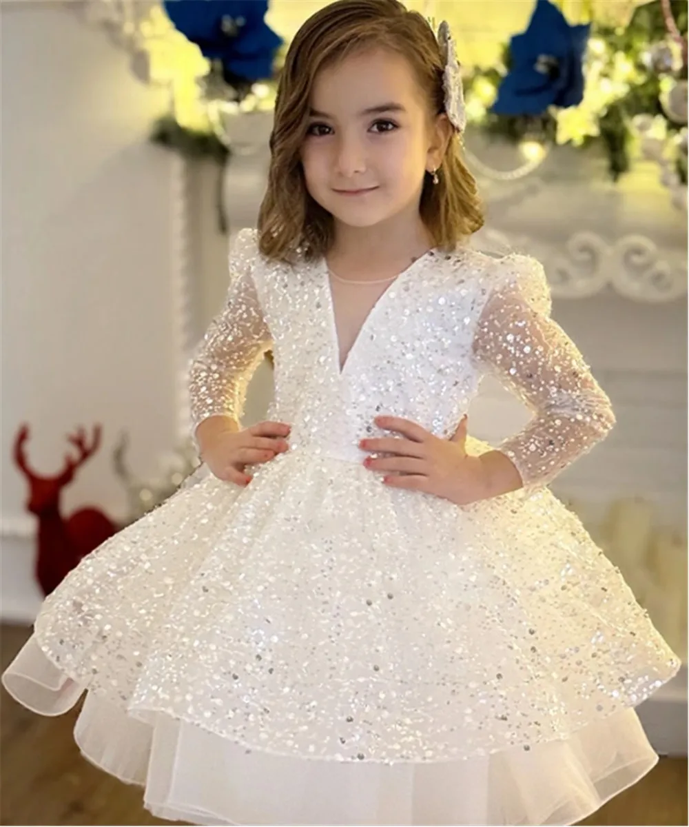 

Customized Flower Girl Dresses For Wedding Shiny Puffy Sequin Three Quarter Sleeve Princess Birthday Party Banquet Ball Gown