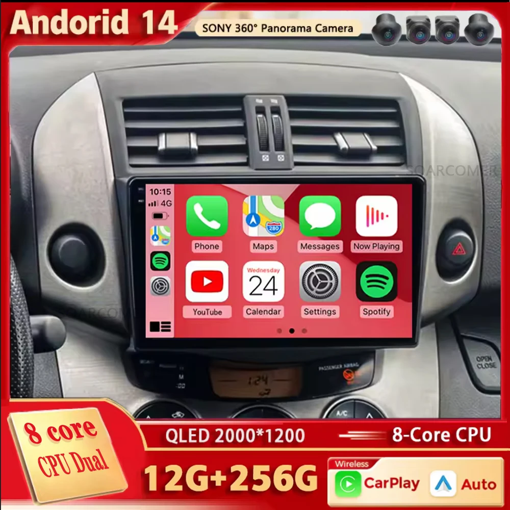 For Toyota RAV4 3 XA30 2005 -2016 2K QLED Android 14 Stereo Car Radio Multimedia Video Player GPS AI Voice CarPlay 4G Stereo DSP