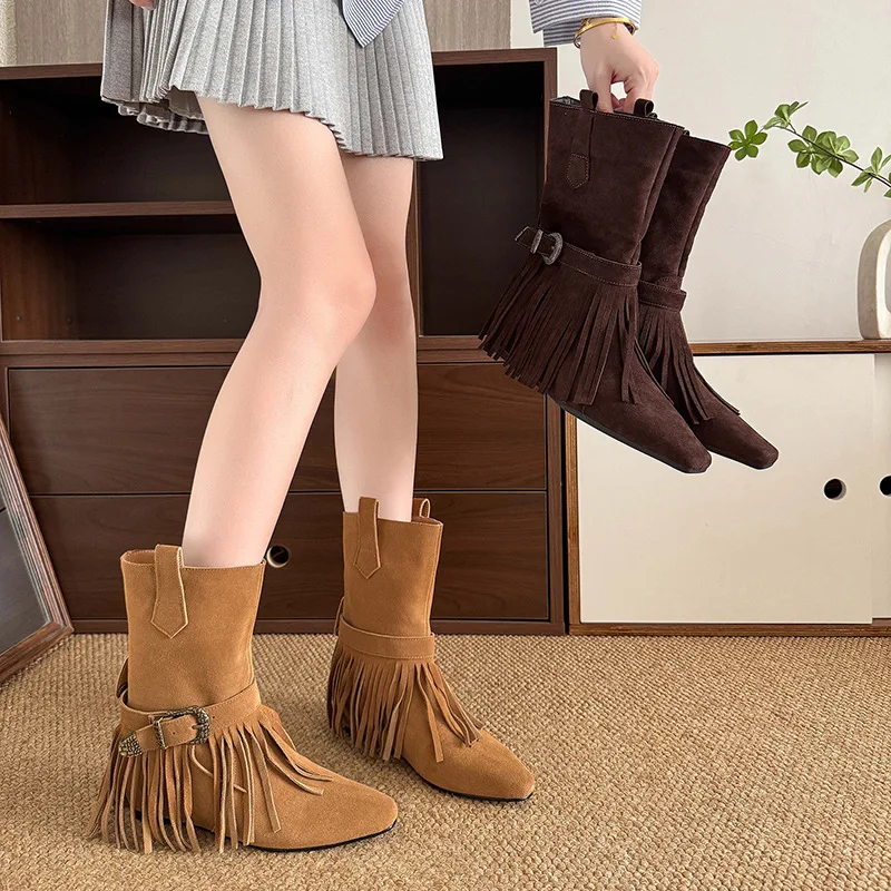 

Winter Retro Cowhide Leather Western Boots with Height Increase Tassel Slip-On Mid-Calf Boots with Belt Buckle for Women