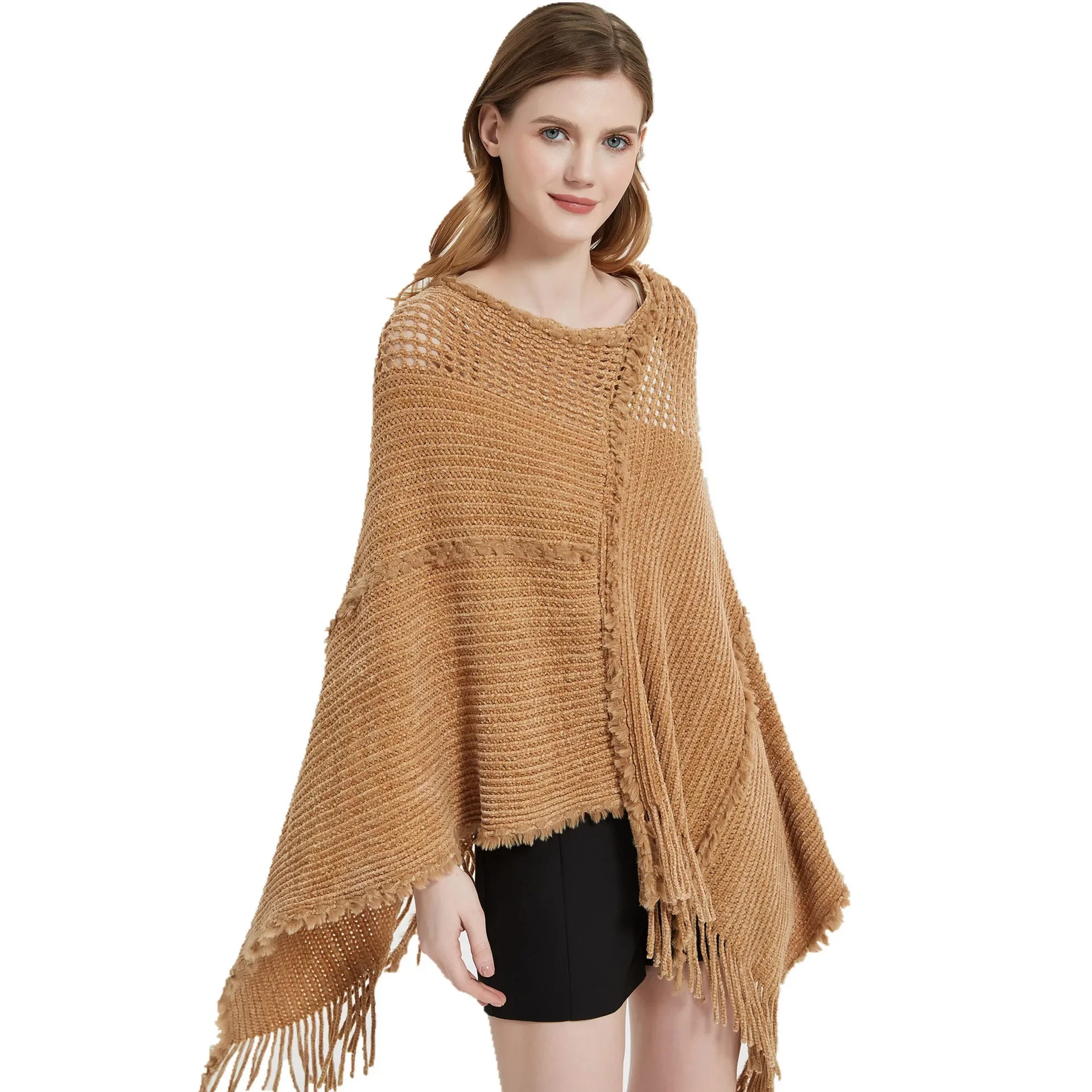 Spring Autumn Pullover Shawl Knitwear Hollow Knitting Tassel Shawl Women Poncho Lady Capes Red Cloaks